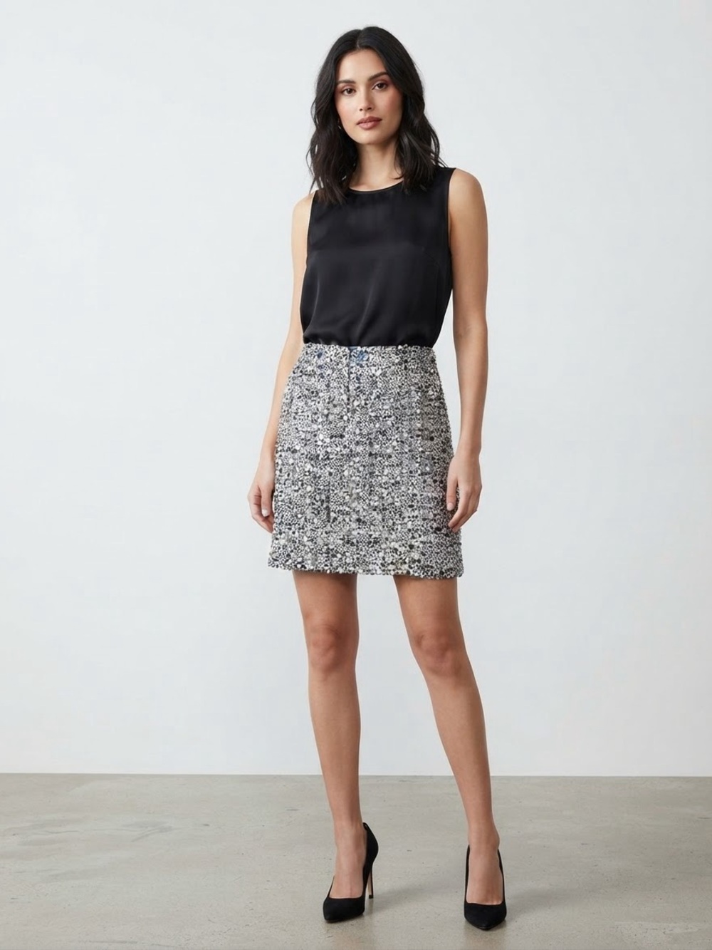 Insight Black & Silver Sequin Tweed Mini Skirt Size 6 Sparkly Party Clubwear
